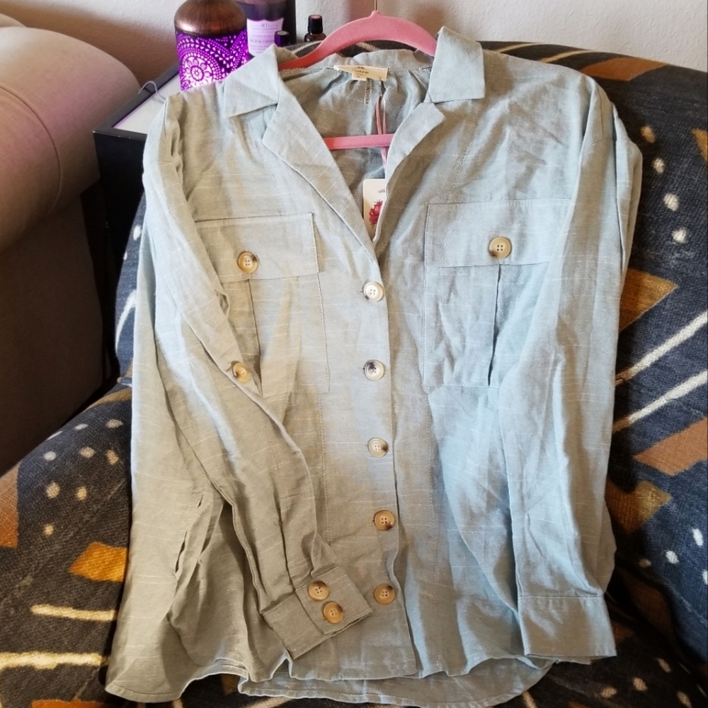 Entro linen look shacket sage olive green utility safari lightweight beachy